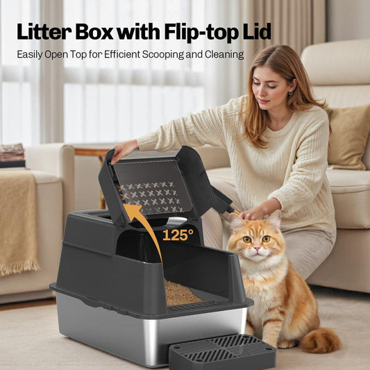 Stainless Steel Litter Box with Lid XL Closed Metal Enclosed Cat Litter Box Fits All Cats Modular Design High Sided Non Stick Easy Cleaning